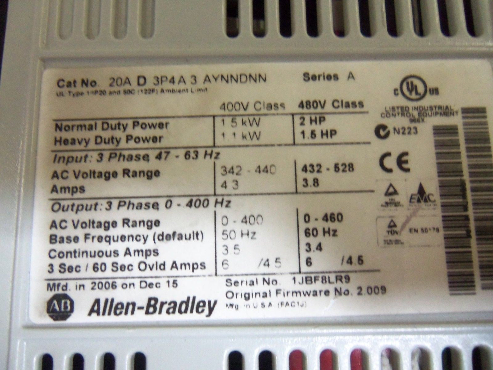 ALLEN BRADLEY 20AD3P4A3AYNNDNN SERIES A AC DRIVE *USED*