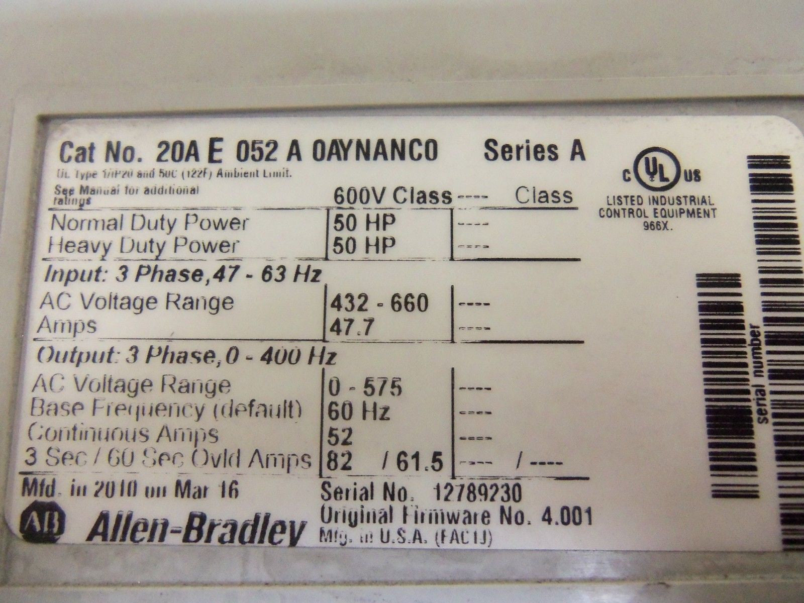 ALLEN BRADLEY POWERFLEX 70 20AE052A0AYNANC0 SER. A F/W 4.001 AC DRIVE *USED*