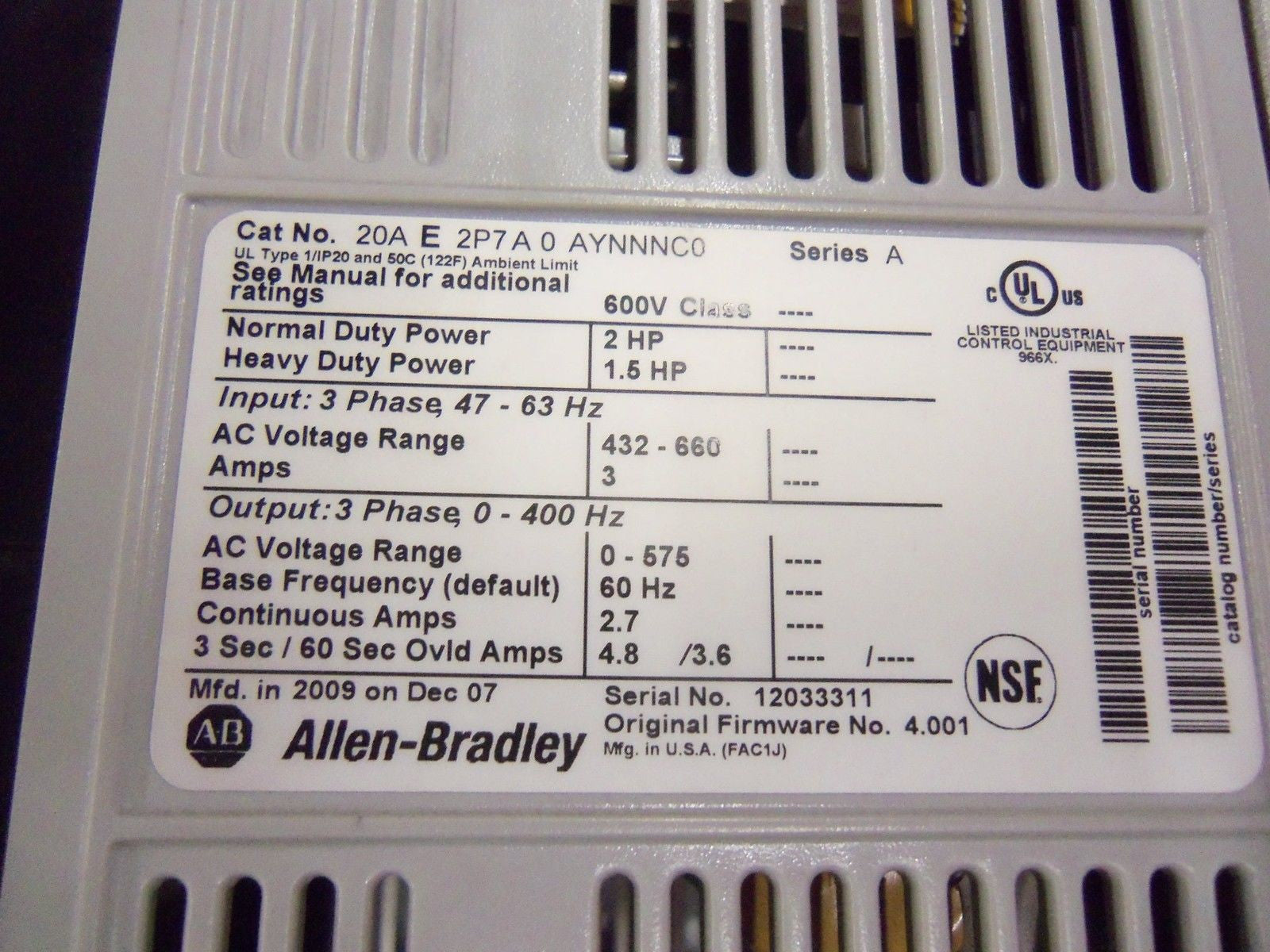 ALLEN BRADLEY 20AE2P7A0AYNNNC0 SERIES A *USED*
