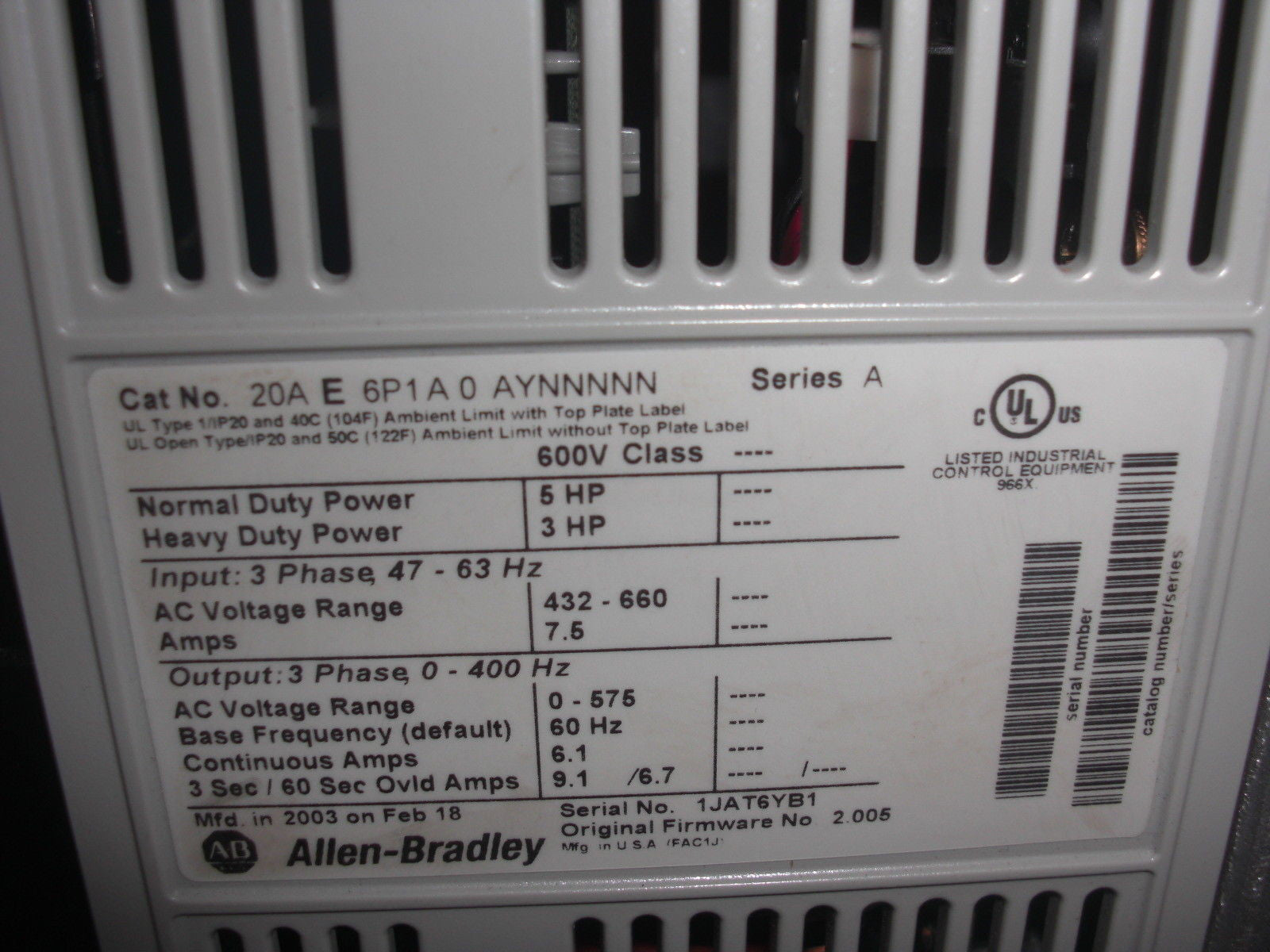 ALLEN BRADLEY 20AE6P1A0AYNNNNN SER. A F/W: 2.005 POWER FLEX 70 *USED*