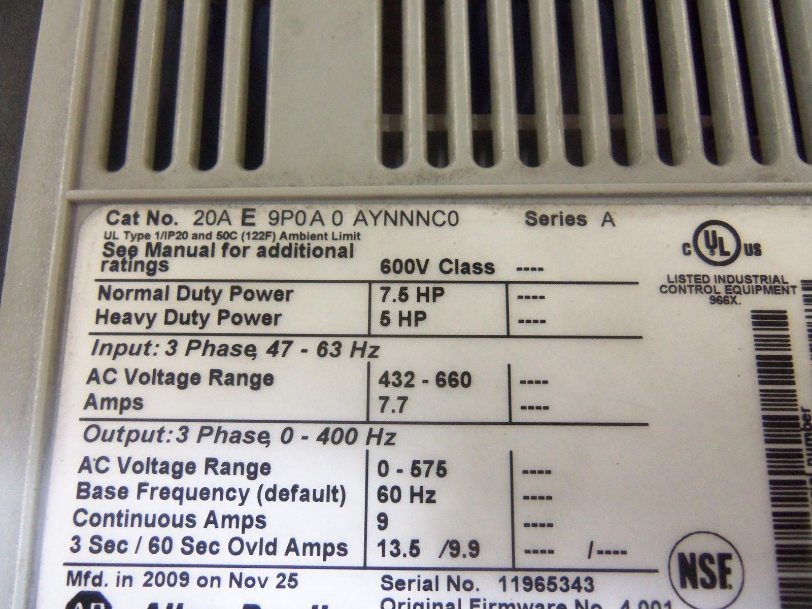 ALLEN BRADLEY POWERFLEX 70 20AE9P0A0AYNNNC0 SER. A F/W 4.001 AC DRIVE *USED*