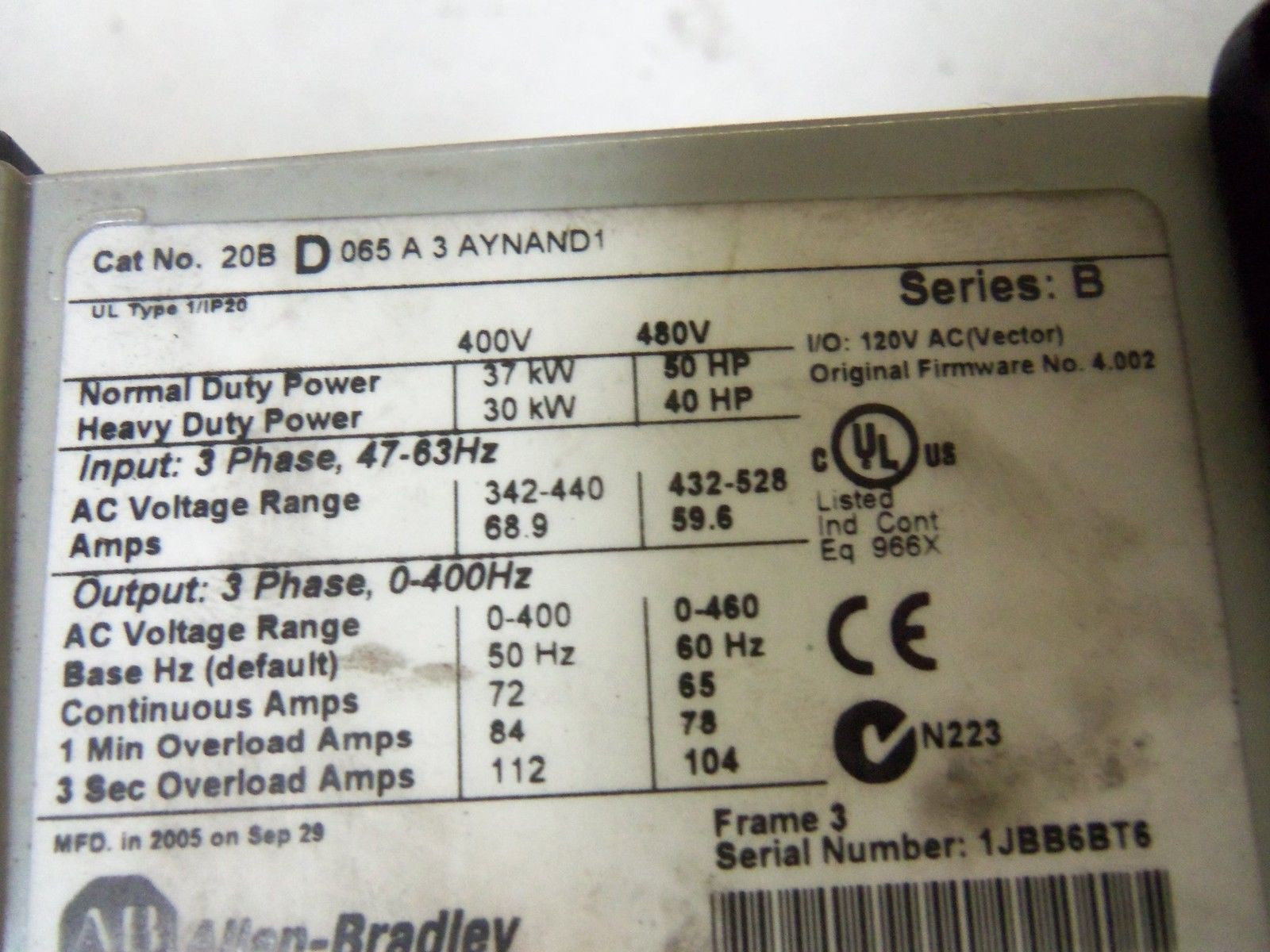 ALLEN BRADLEY POWERFLEX 700 20BD065A3AYNAND1 SER. B AC DRIVE *USED*
