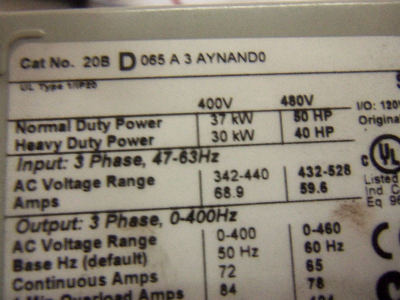 ALLEN BRADLEY POWERFLEX 700 20BD065A3AYNAND0 SER. B AC DRIVE *USED*