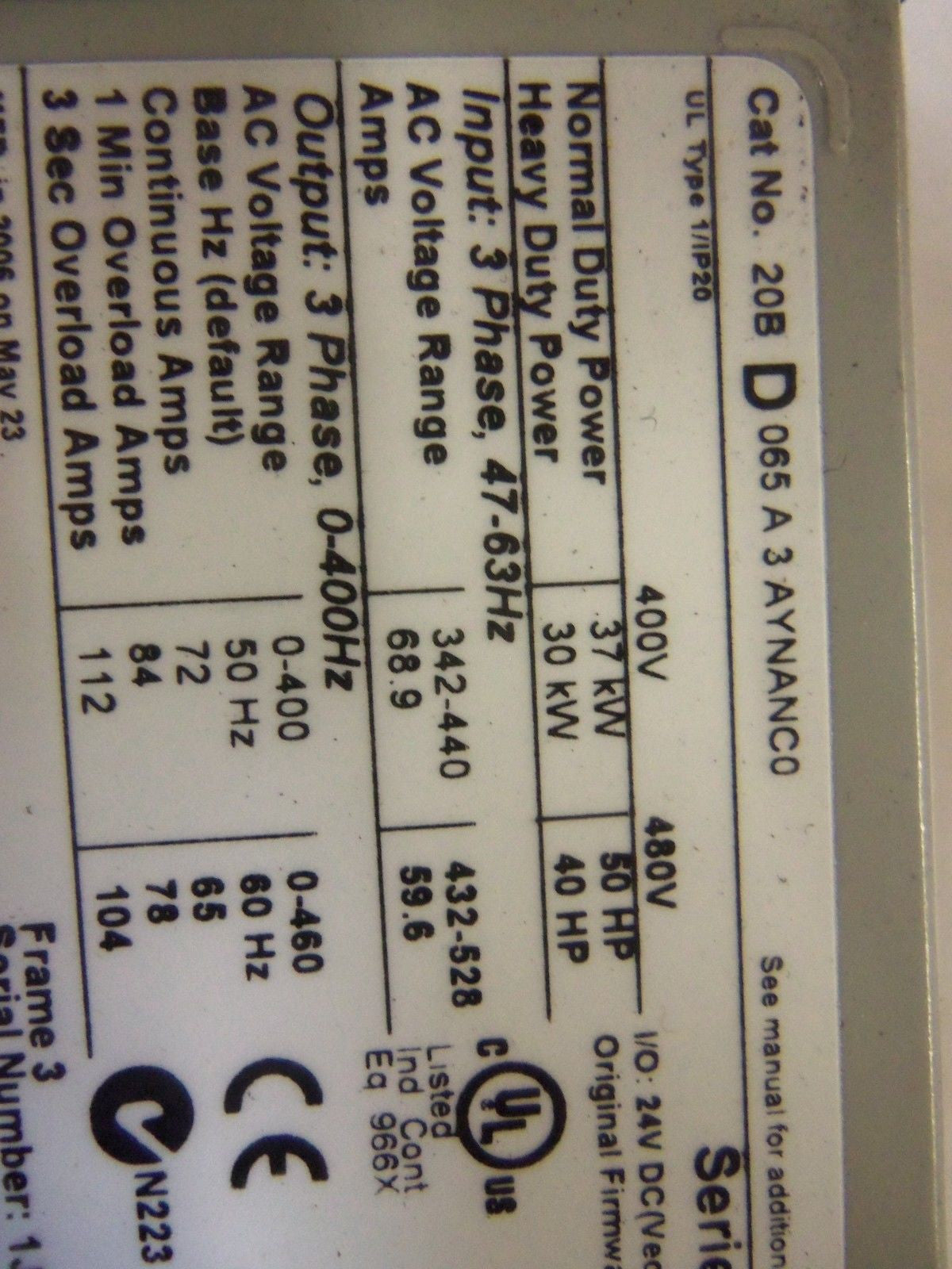 ALLEN BRADLEY POWERFLEX 700 20BD065A3AYNANCO SER. B AC DRIVE *USED*