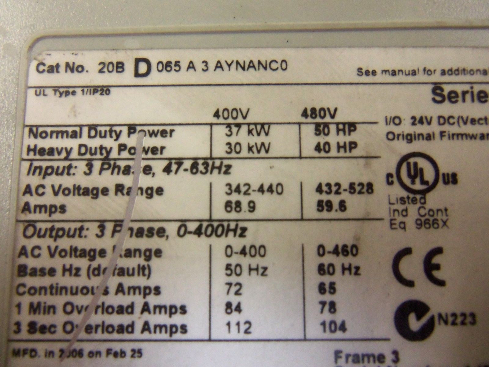 ALLEN BRADLEY POWERFLEX 700 20BD065A3AYNANCO SER. B AC DRIVE *USED*