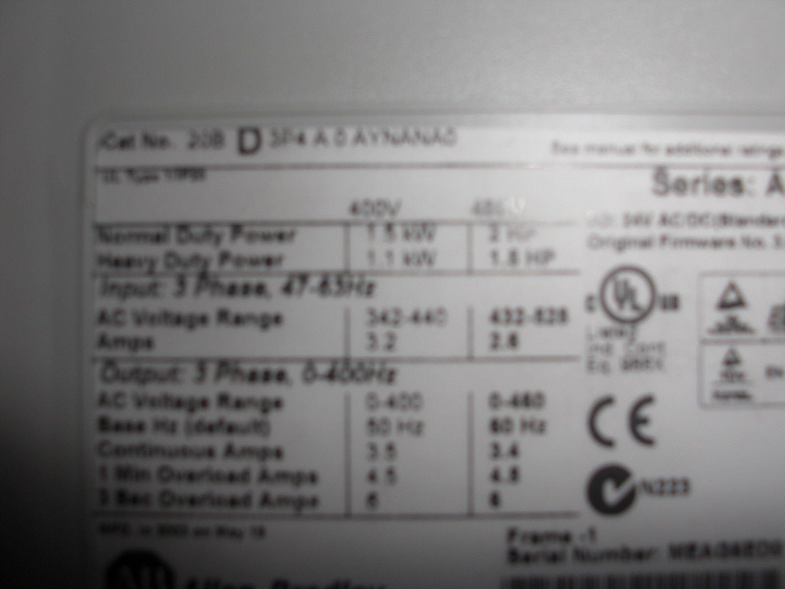 ALLEN BRADLEY 20B-D3P4A0AYNANA0 SERIES B  *USED*