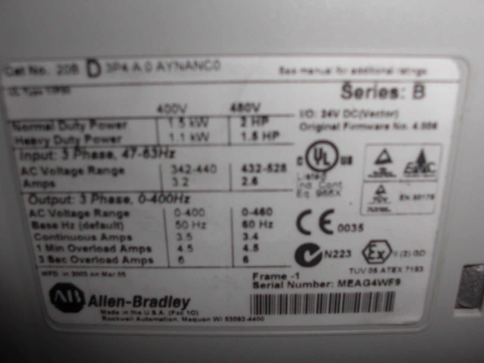 ALLEN BRADLEY 20B-D3P4A0AYNANC0 SERIES B (AS PICTURED) *USED*