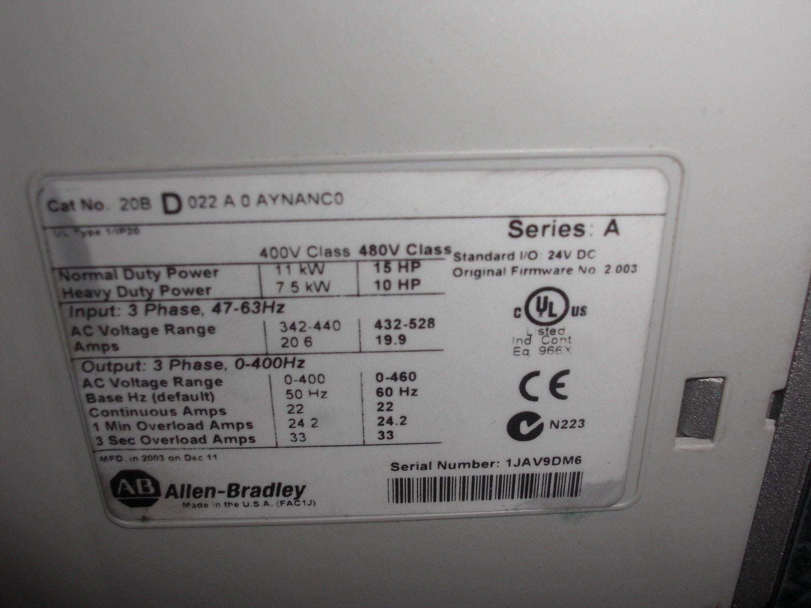 ALLEN BRADLEY POWERFLEX 700 20BD022A0AYNANC0 SER. A AC DRIVE *USED*