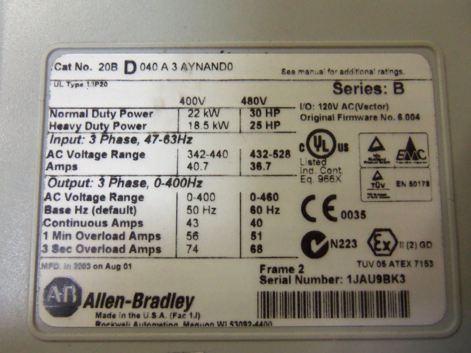 ALLEN BRADLEY 20BD040A3AYNAND0 SERIES B AC DRIVE (REMANUFACTURED) *USED*