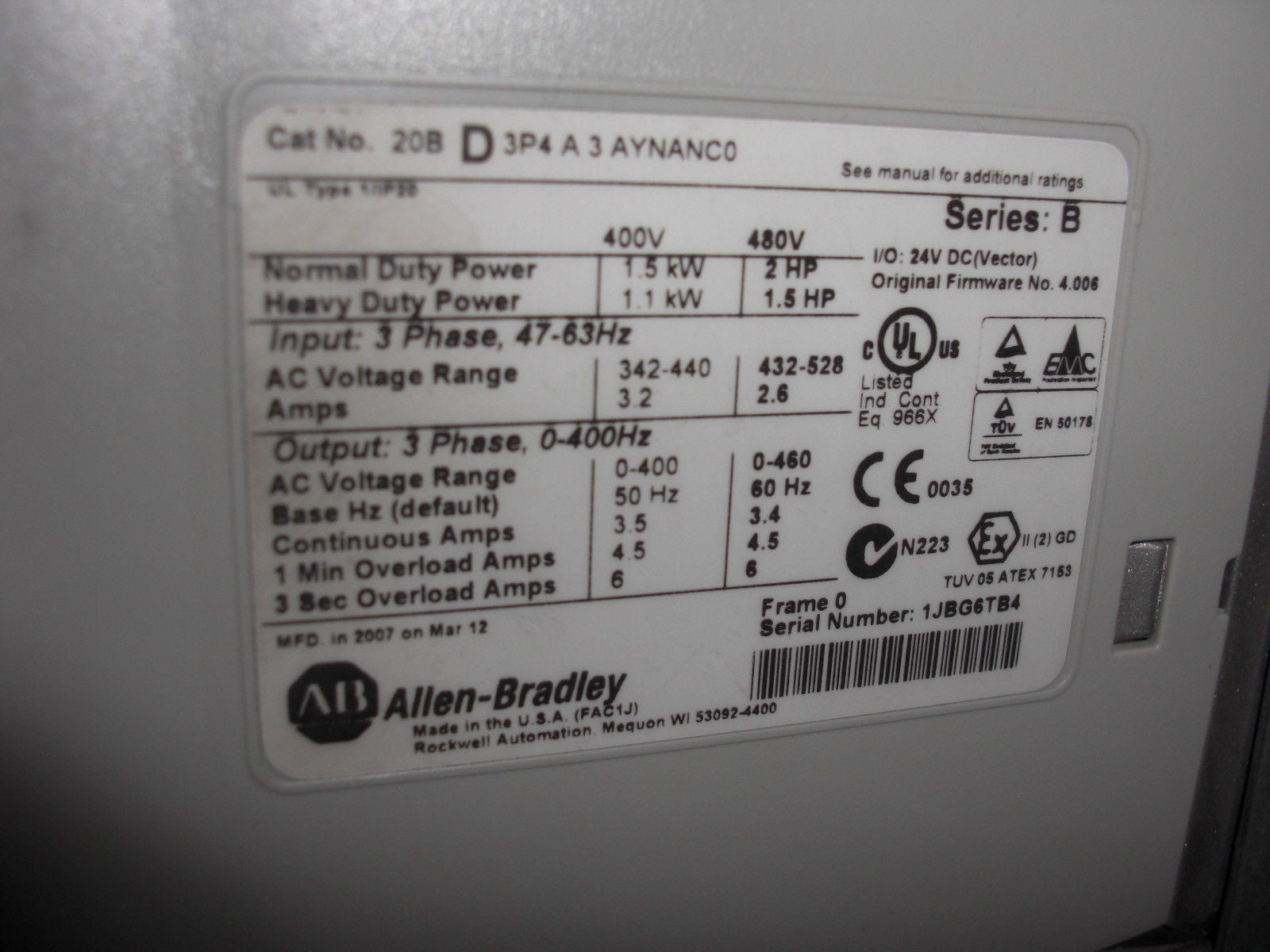 ALLEN BRADLEY 20BD3P4A3AYNANC0 SERIES B *USED*