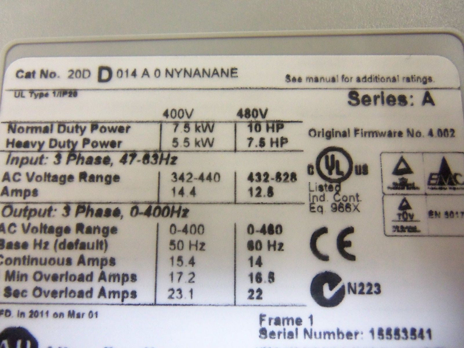 ALLEN BRADLEY 20DD014A0NYNANANE SERIES A *NEW IN BOX*