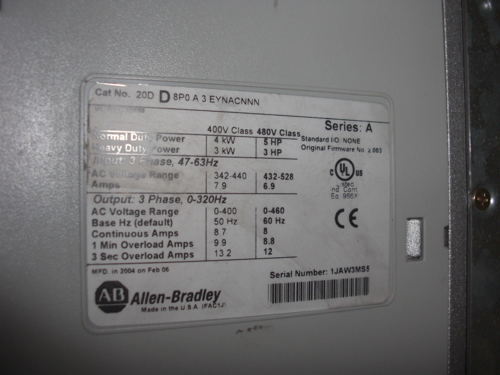 ALLEN BRADLEY 20DD8P0A3EYNACNN SERIES A *USED*