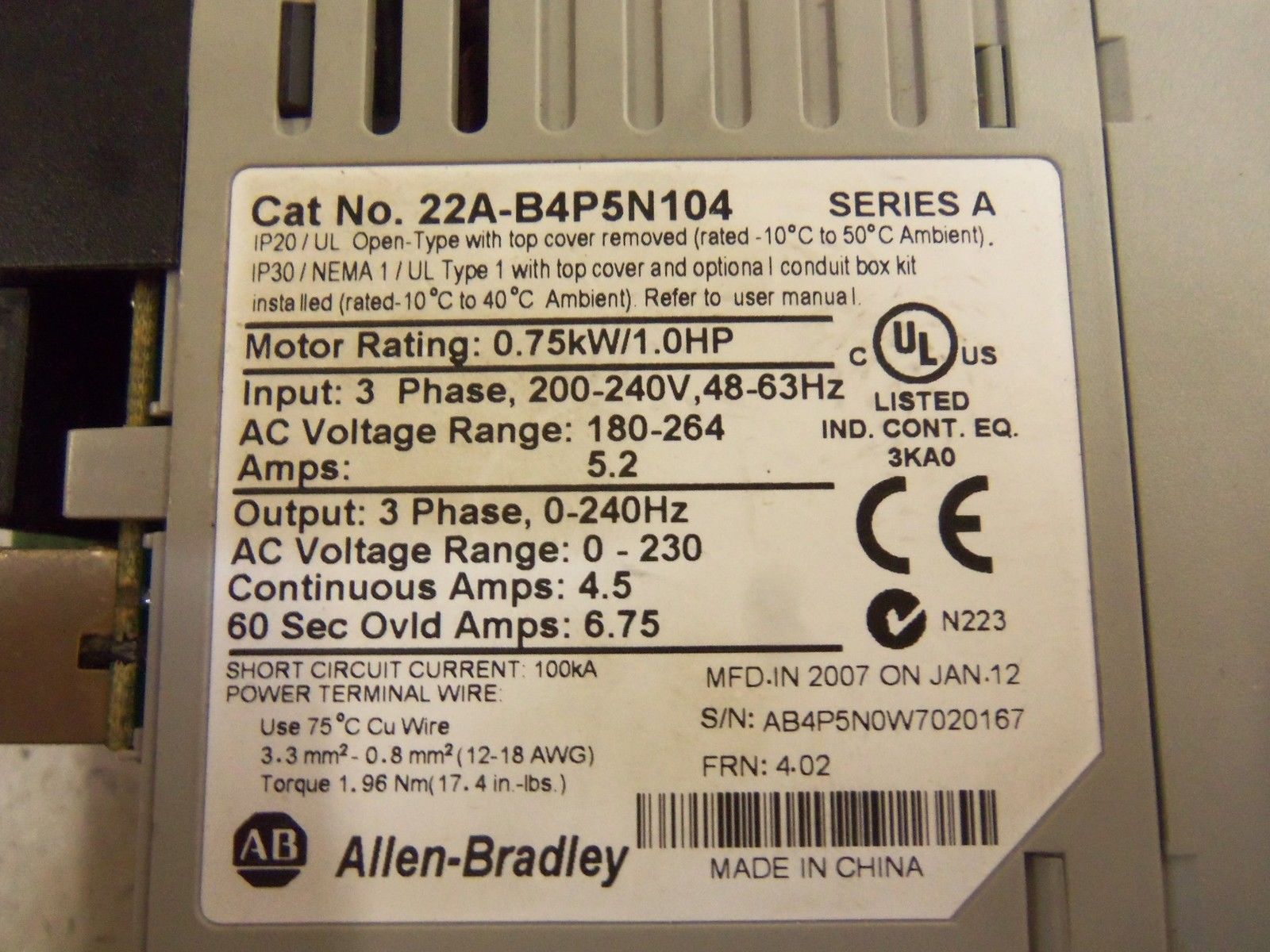 ALLEN BRADLEY POWERFLEX 4 22A-B4P5N104 SER. A AC DRIVE (AS PICTURED) *USED*