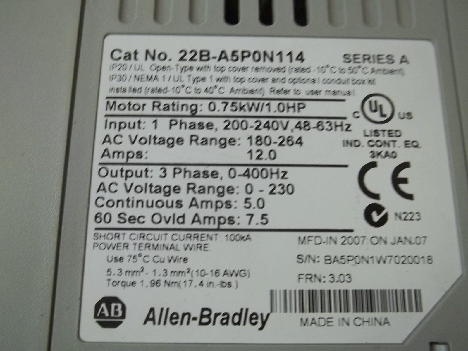 ALLEN BRADLEY POWERFELX 40 22B-A5P0N114 SER.A  DC DRIVE *USED*