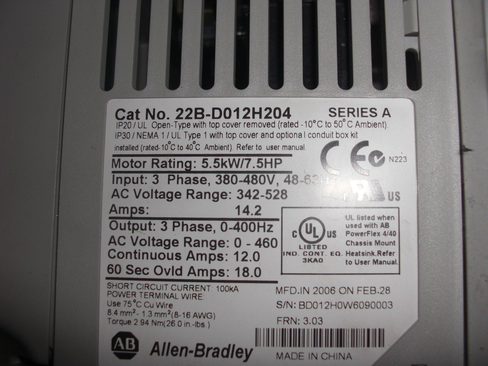 ALLEN BRADLEY 22B-D012H204 SERIES A *USED*