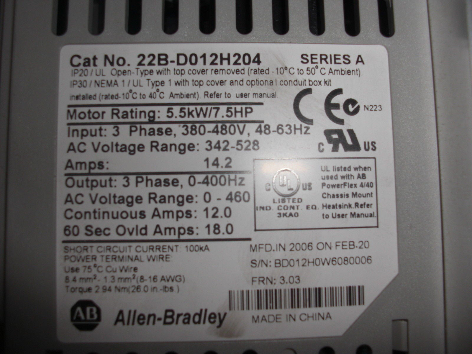 ALLEN BRADLEY 22B-D012H204 SERIES A *AS IS*