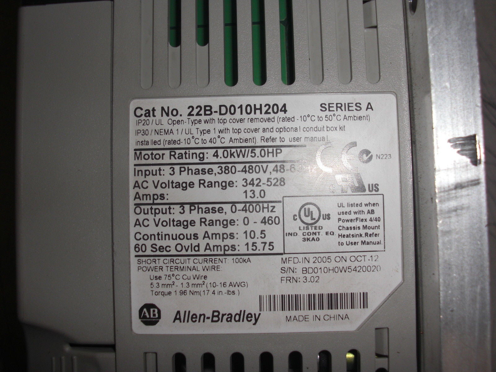 ALLEN BRADLEY 22B-D010H204 SERIES A *USED*