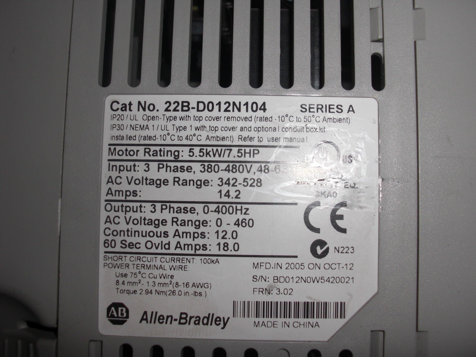 ALLEN BRADLEY 22B-D012N04 SERIES A *USED*