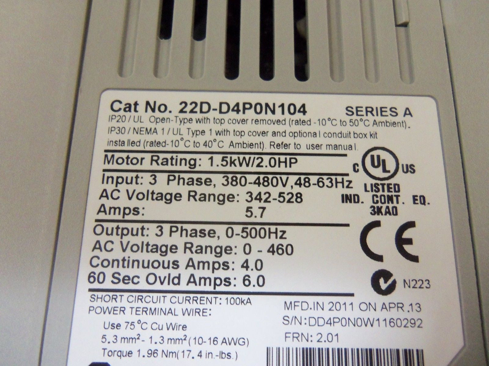 ALLEN BRADLEY POWERFLEX 40P 22D-D4P0N104 SER. A F/W 2.01 AC DRIVE *NEW IN BOX*