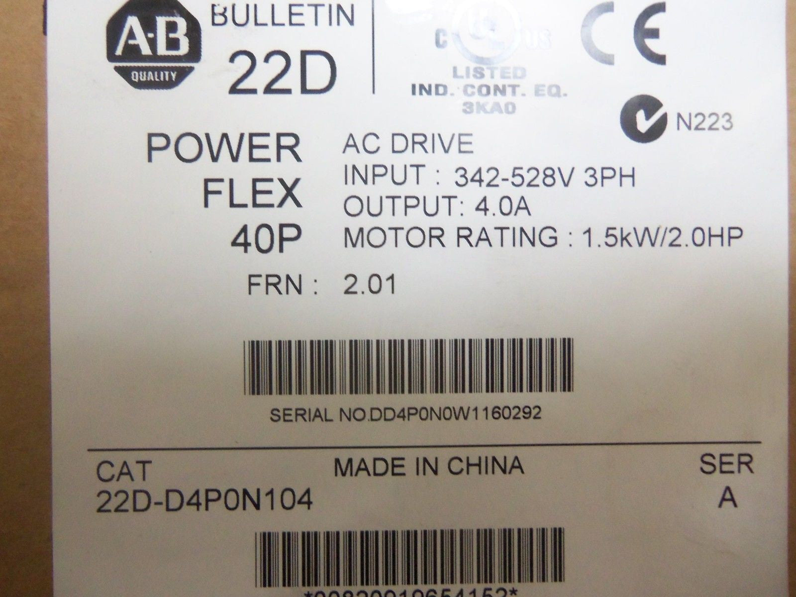 ALLEN BRADLEY POWERFLEX 40P 22D-D4P0N104 SER. A F/W 2.01 AC DRIVE *NEW IN BOX*
