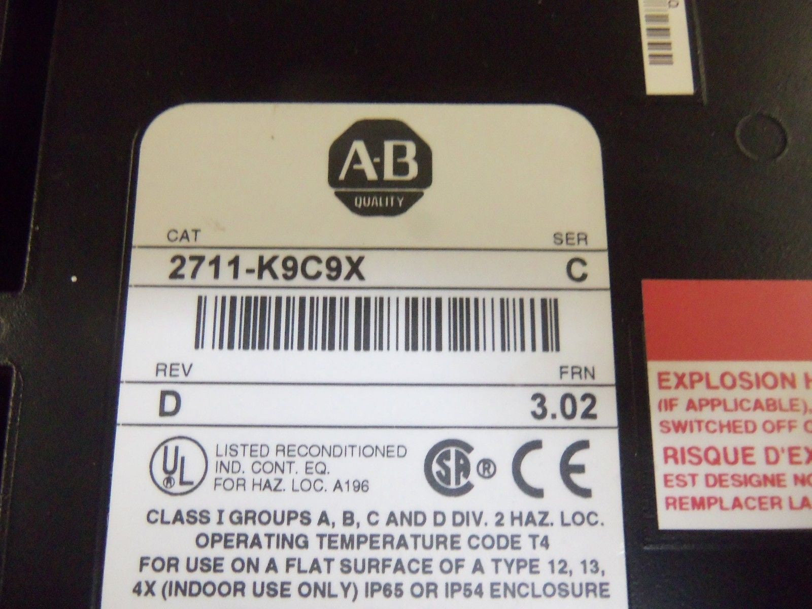 ALLEN BRADLEY 2711-K9C9X SERIES C REV D FRN 3.02 PANELVIEW (REMANUFACTURED)