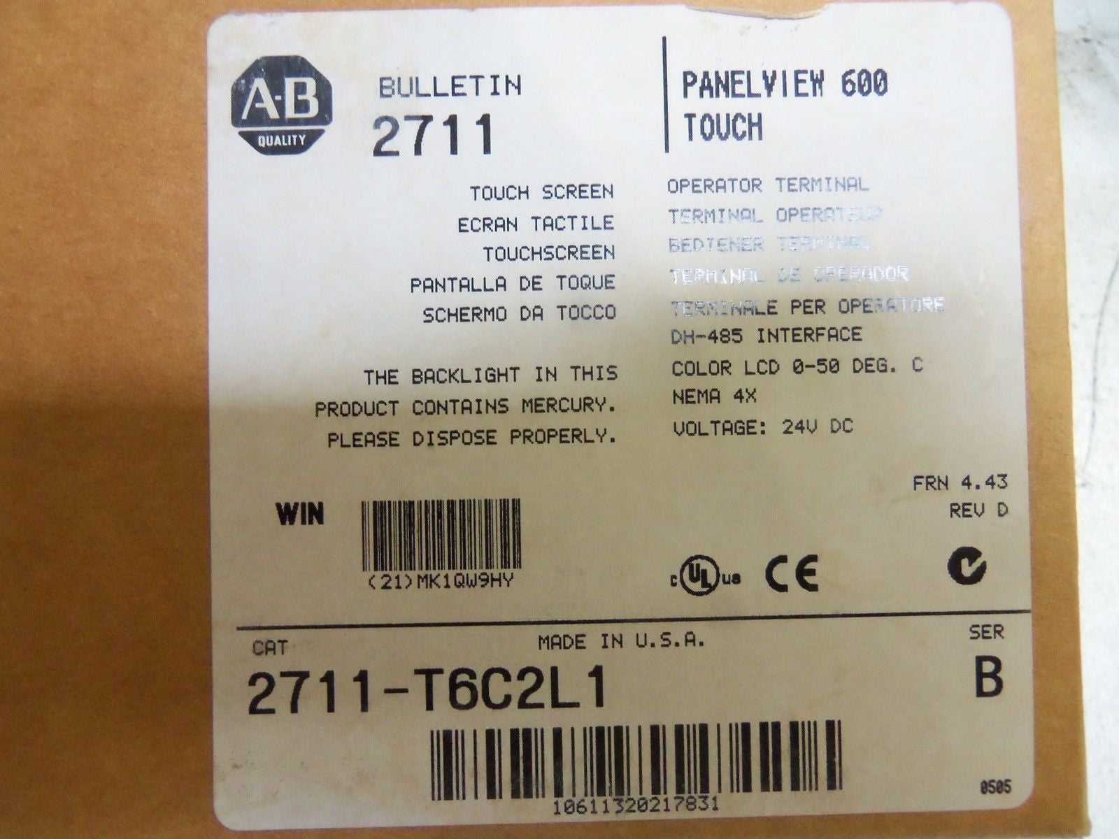 ALLEN BRADLEY 2711-T6C2L1 SER B REV D FRN 4.43 OPERATOR INTERFACE *NEW IN BOX*