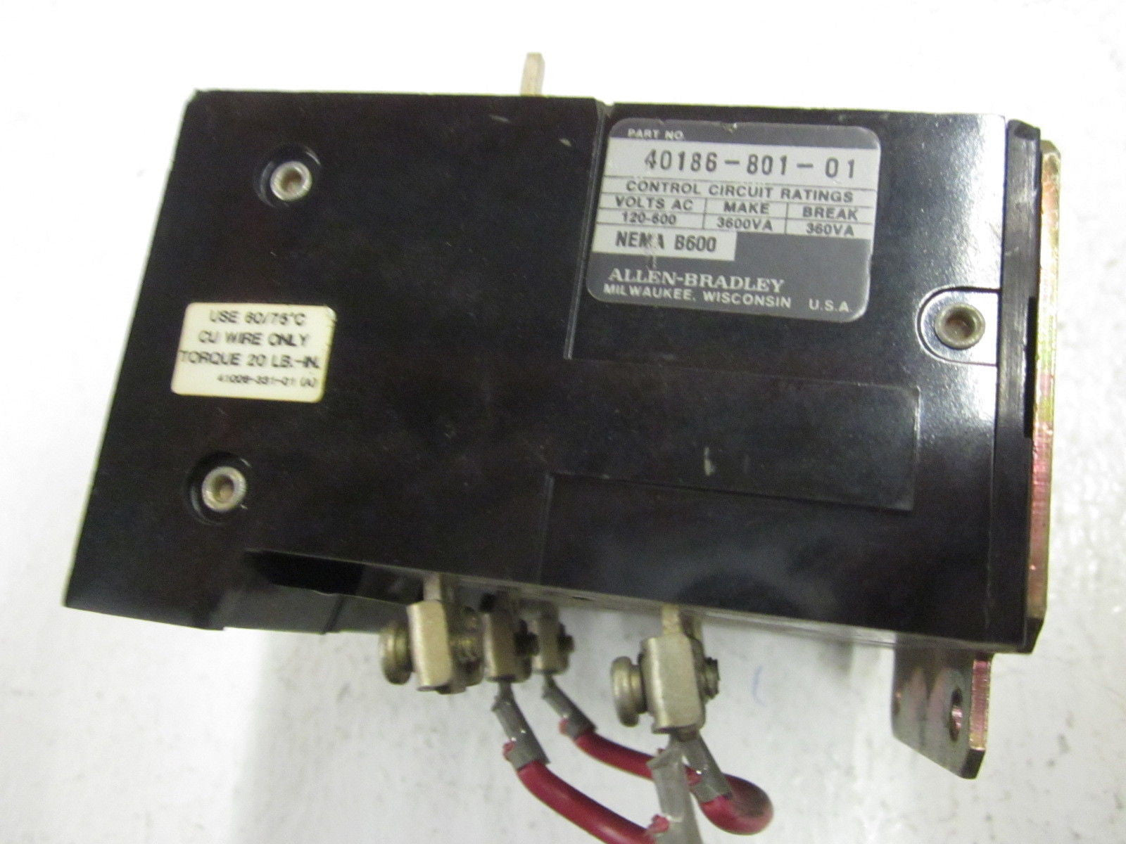 ALLEN BRADLEY 40186-801-01 600V OVERLOAD RELAY *USED*