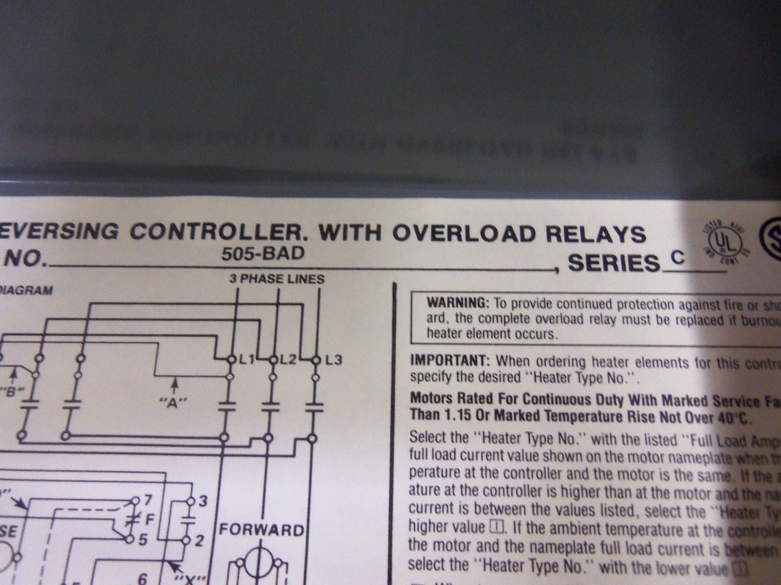 ALLEN BRADLEY 505-BAD SER. C REVERSING CONTROLLER w/ OVERLOAD RELAYS*NEW NO BOX*