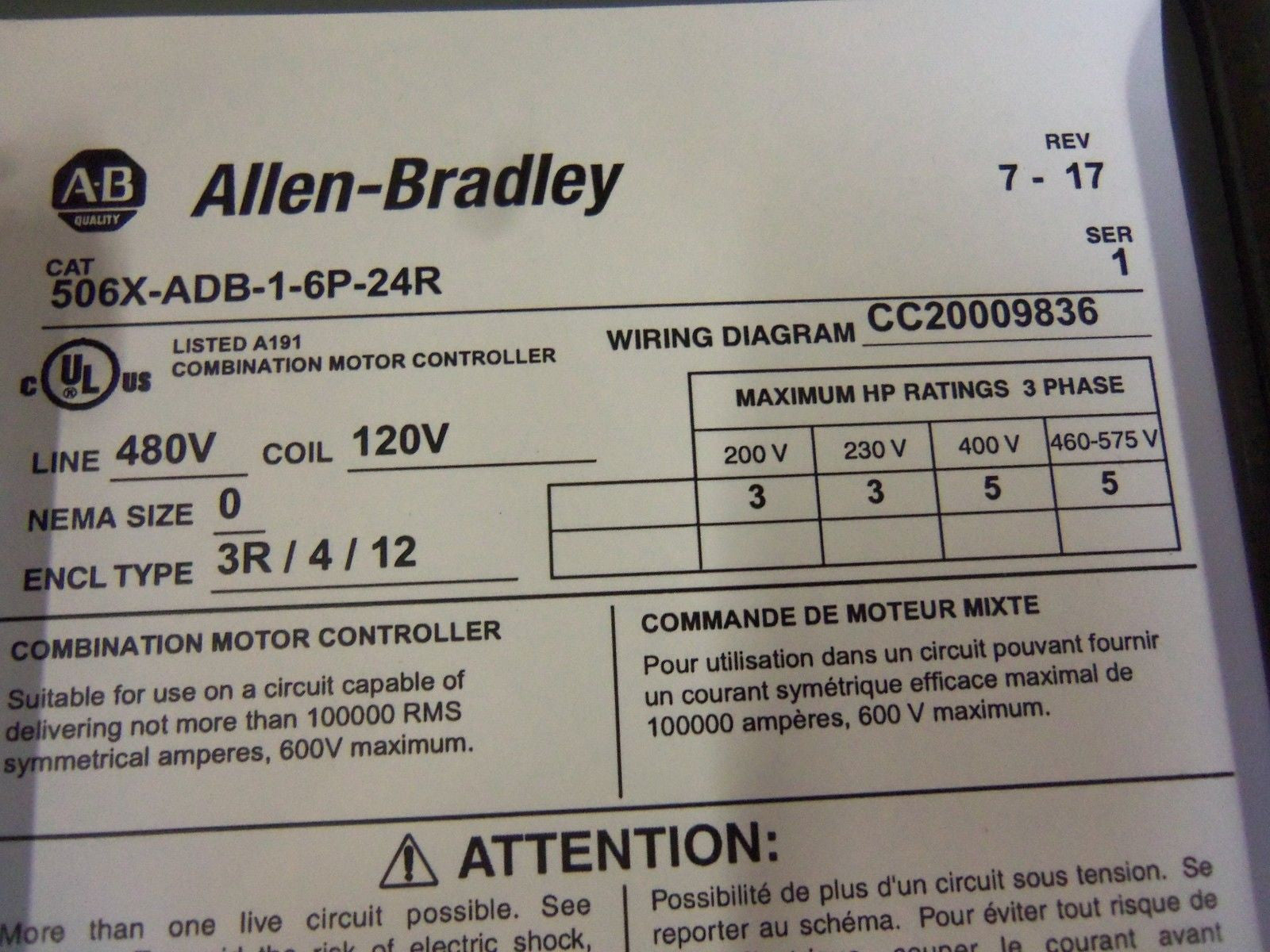 Allen Bradley 506XADB16P24R NSNP **GENUINE** 506X ADB 1 6P 24R