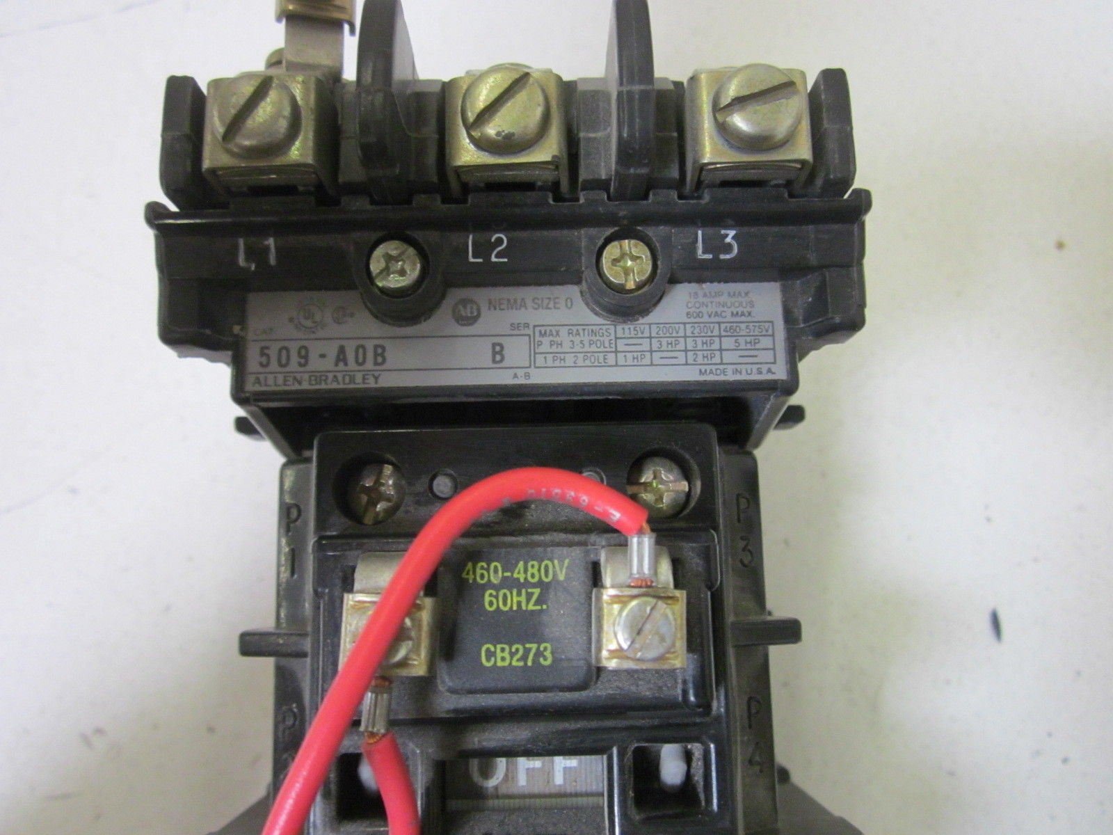 ALLEN BRADLEY NEMA SIZE 0 509-AOB SER. B MOTOR STARTER 460-480V *USED*