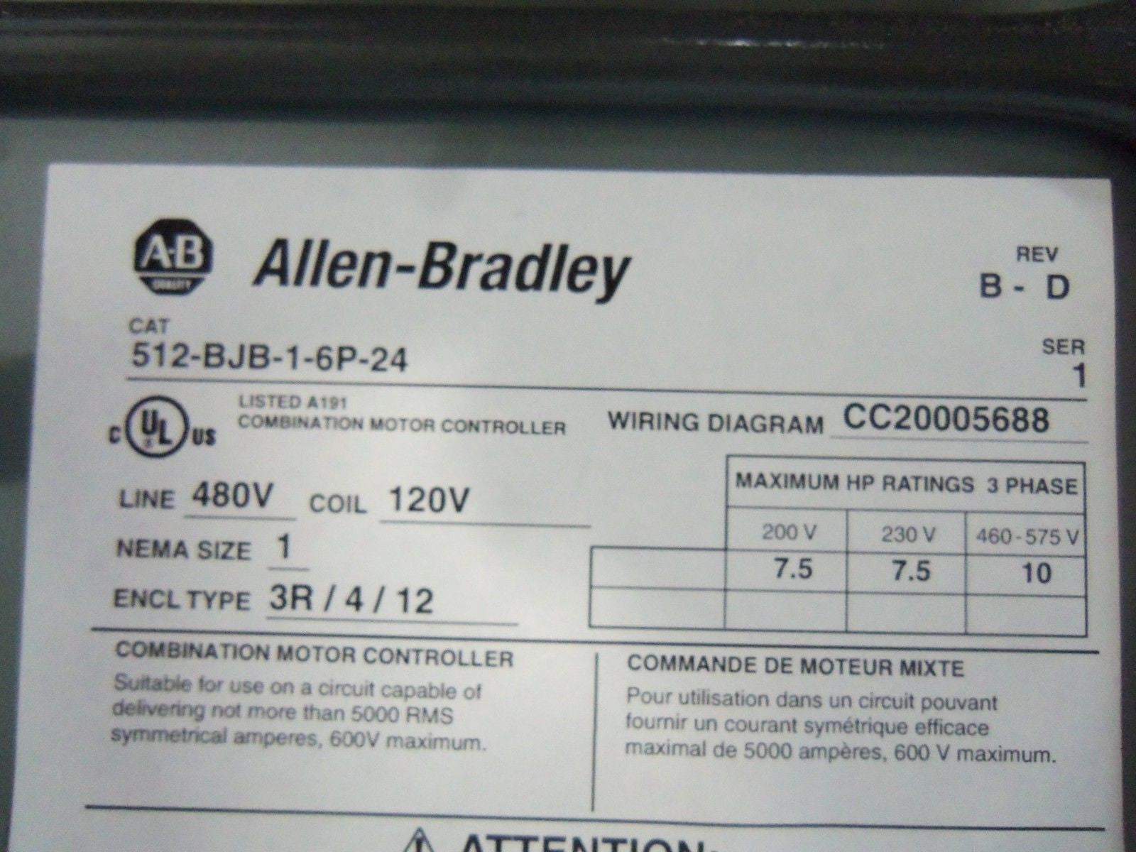 ALLEN BRADLEY 512-BJB-1-6P-24 SERIES 1 COMBINATION STARTER *NEW IN BOX*