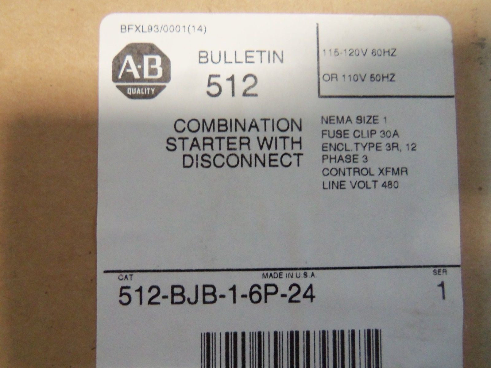 ALLEN BRADLEY 512-BJB-1-6P-24 SERIES 1 COMBINATION STARTER *NEW IN BOX*