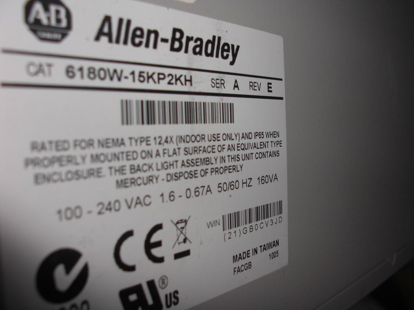 ALLEN BRADLEY VersaView 1500W 6180W-15KP2KH SER. A REV. E INTERFACE PANEL*USED*