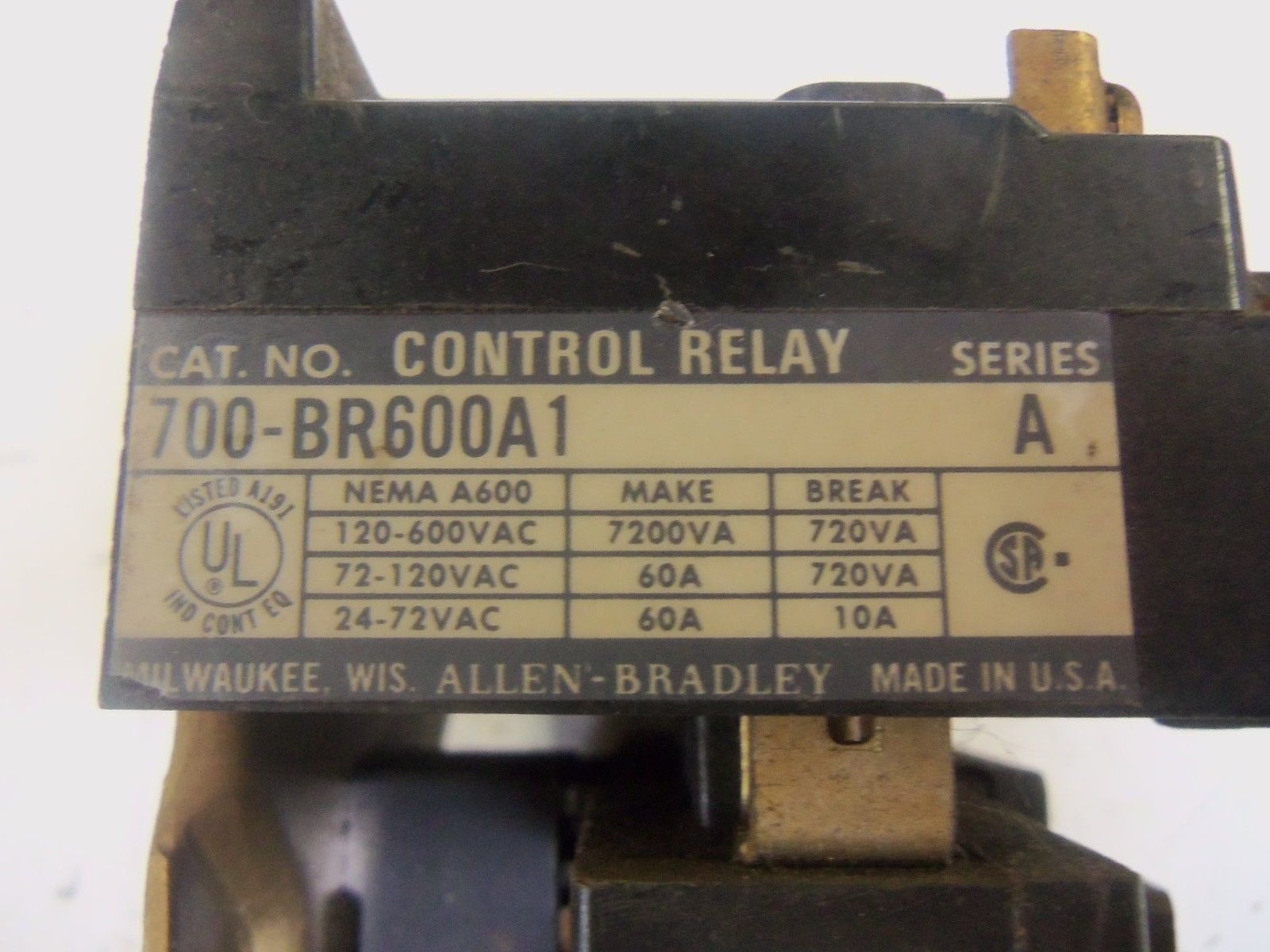ALLEN BRADLEY 700-BR600A1 SERIES A CONTROL RELAY *USED*