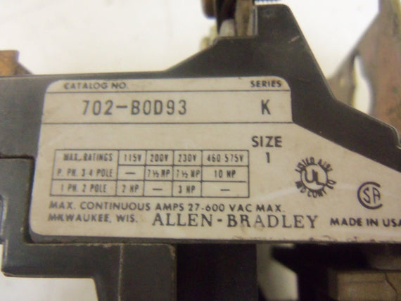 ALLEN BRADLEY 702-BOD93 SER. K CONTACTOR 120V *USED*