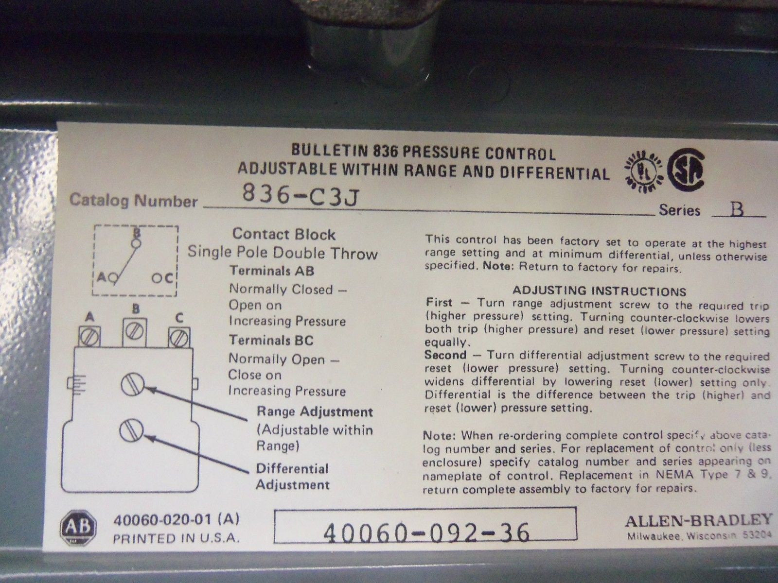 ALLEN BRADLEY 836-C3J SERIES B *NEW NO BOX*