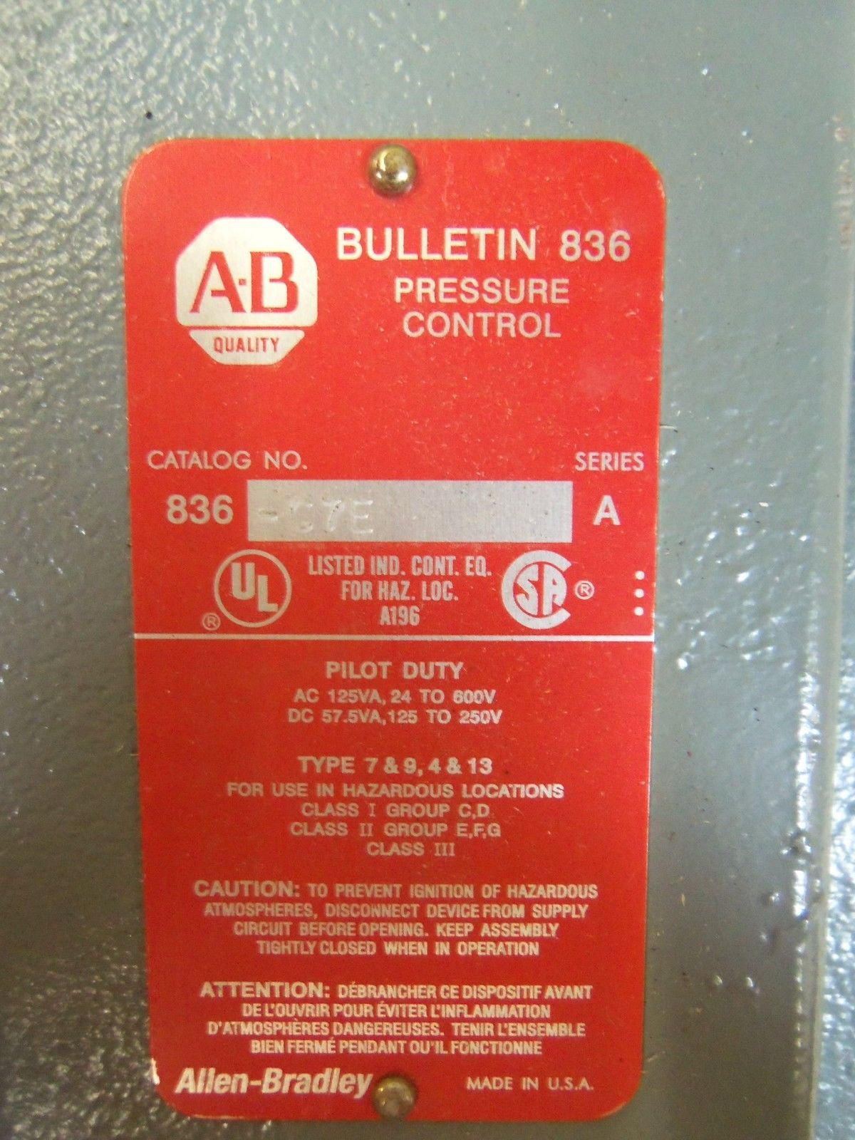 ALLEN BRADLEY 836-C7E SERIES A PRESSURE CONTROL *NEW IN BOX*