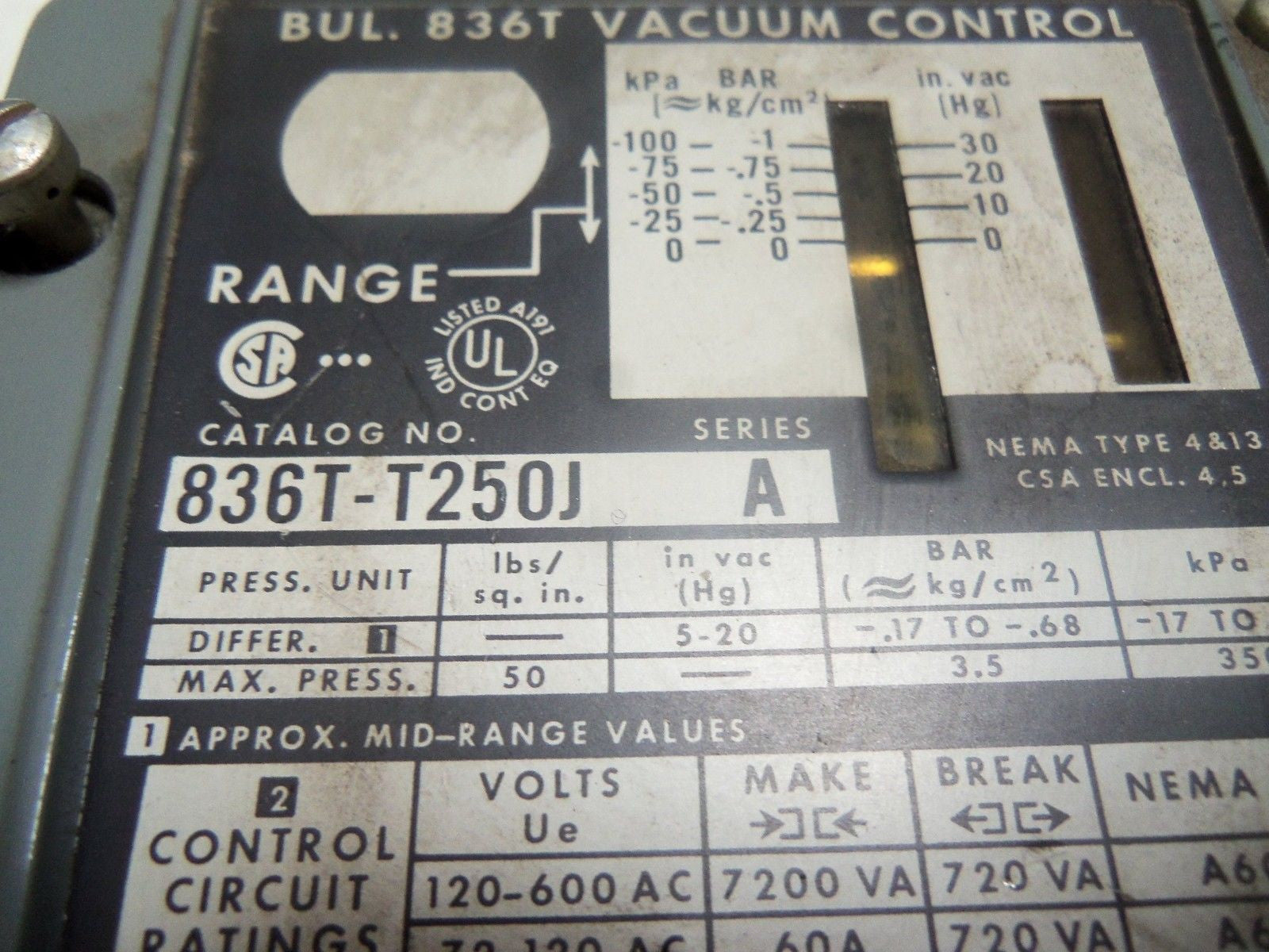 ALLEN BRADLEY 836T-T250J SER. A VACUUM CONTROL *USED*