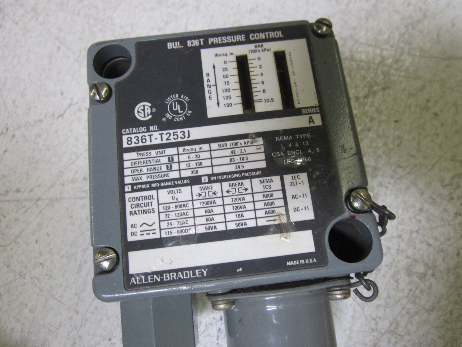 ALLEN BRADLEY 836T-T253J SER.A  PRESSURE CONTROL SWITCH  *USED*