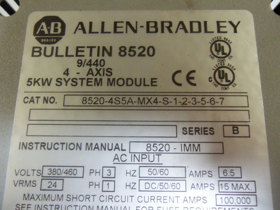 ALLEN BRADLEY 8520-4S5A-MX4-S-1-2-3-5-6-7 SERIES B * USED *
