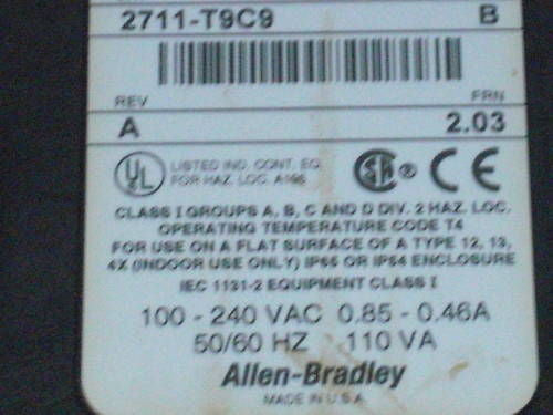 ALLEN BRADLEY 900 PANELVIEW  2711-T9C9/B  FRN 2.03 USED