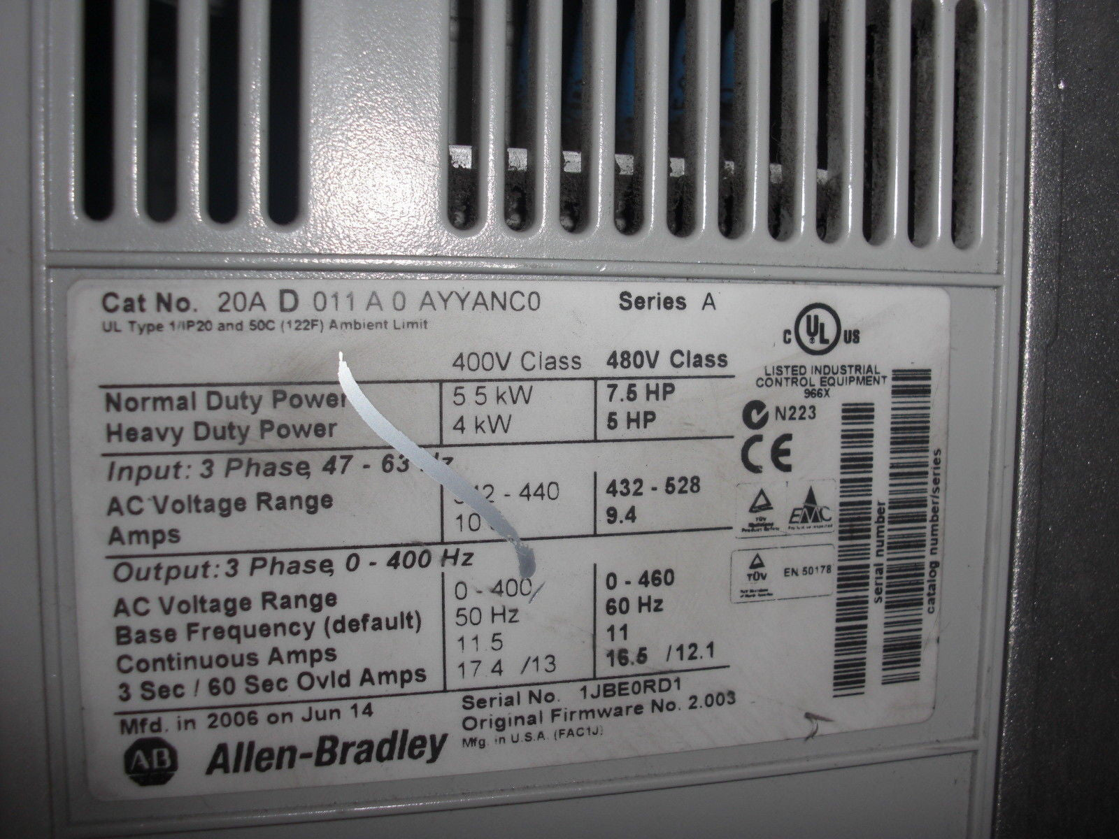 ALLEN BRADLEY FLEX 70 20AD011A0AYYANC0 SERIES A *USED*