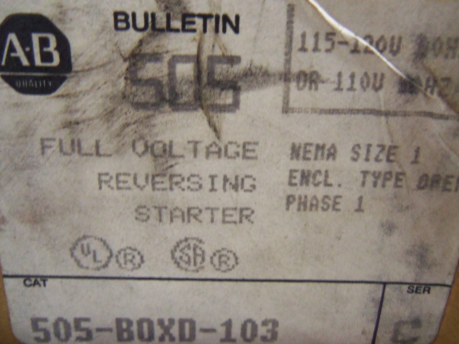 ALLEN BRADLEY NEMA SIZE 1 505-BOXD-103 SER. C REVERSING STARTER *NEW IN BOX*