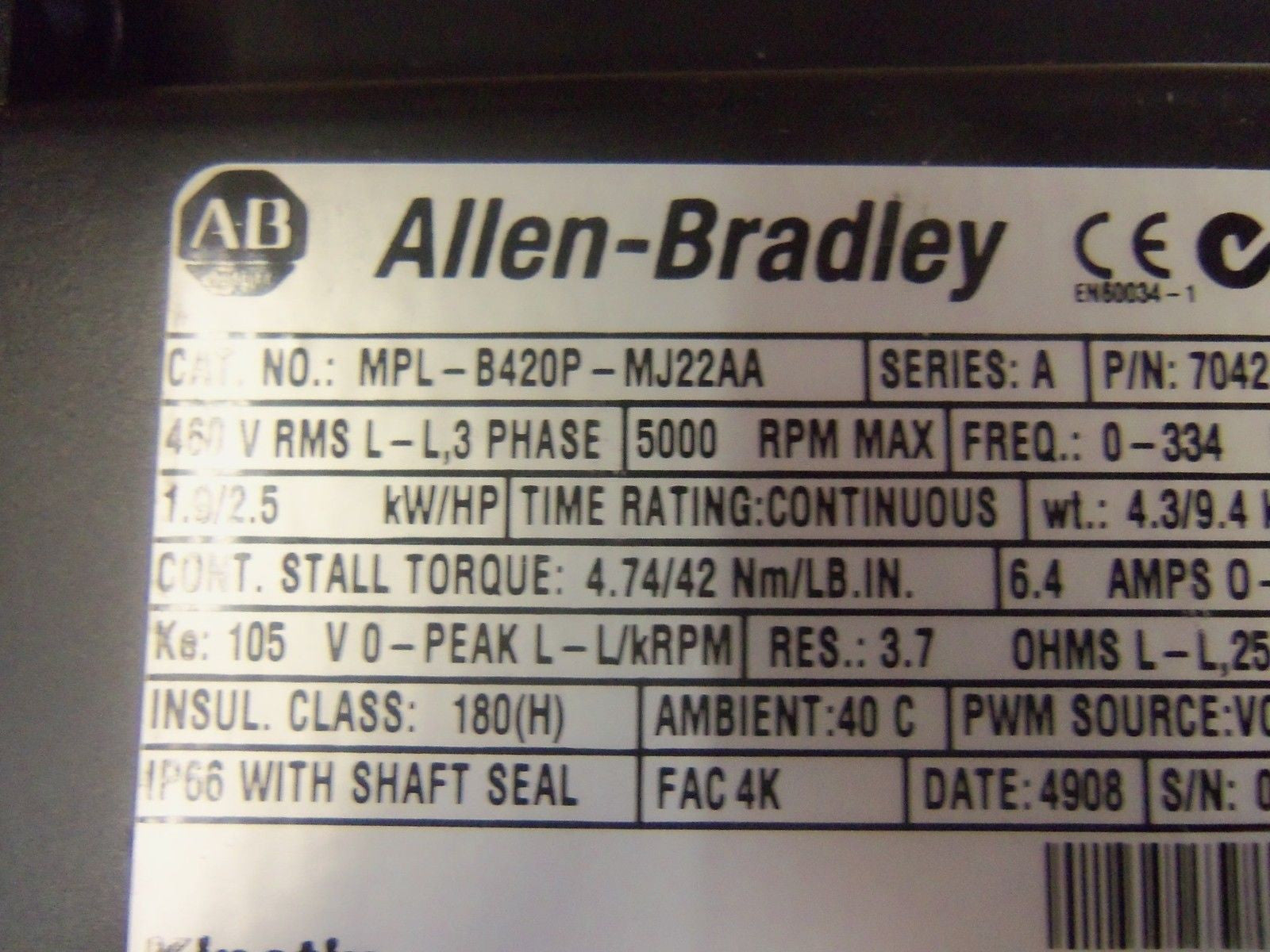 ALLEN BRADLEY MPL-B420P-MJ22AA SER. A SERVO MOTOR *NEW IN BOX*