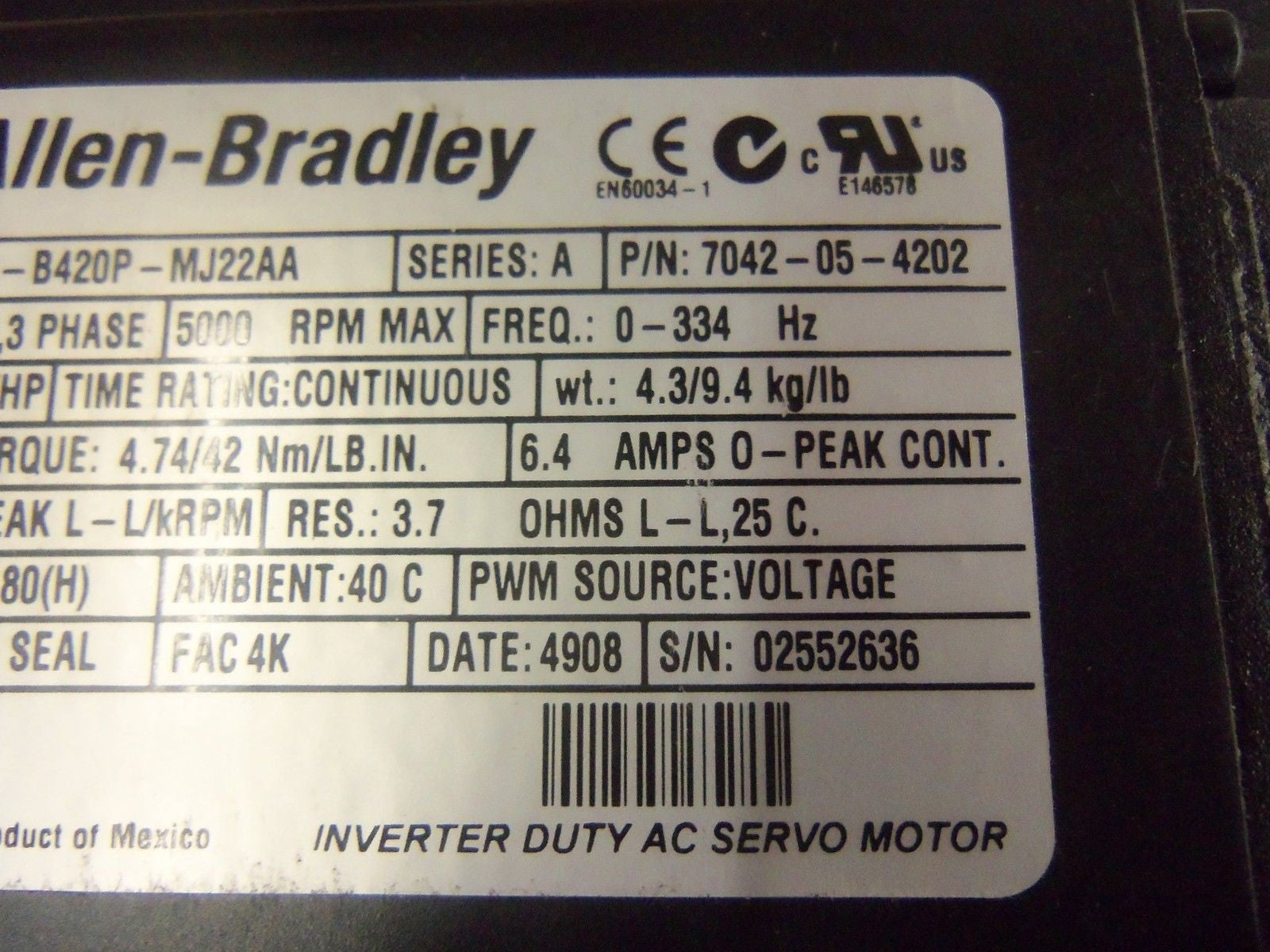 ALLEN BRADLEY MPL-B420P-MJ22AA SER. A SERVO MOTOR *NEW IN BOX*