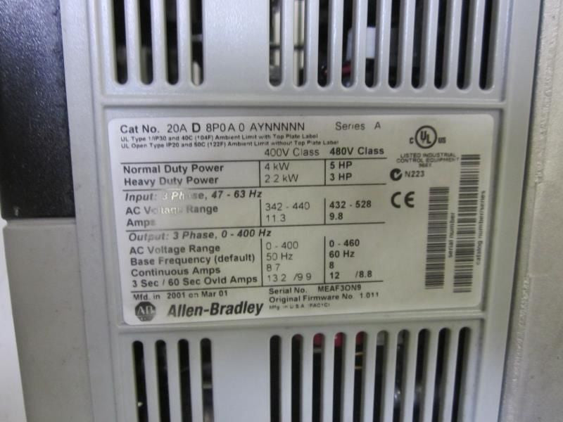 ALLEN BRADLEY POWERFLEX 20A D 8P0 A 0 AYNNNNN SER.A 480V *USED*
