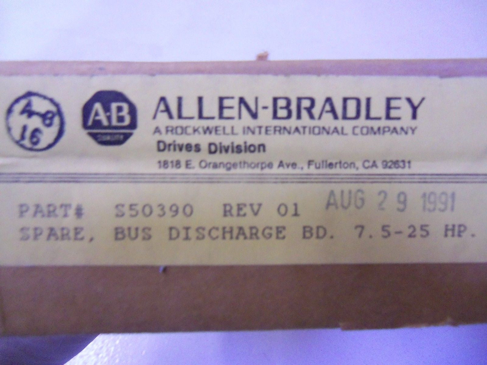 ALLEN BRADLEY S50390 DISCHARGE ASSEMBLY BOARD DATE: 08/1991 *FACTORY SEALED*