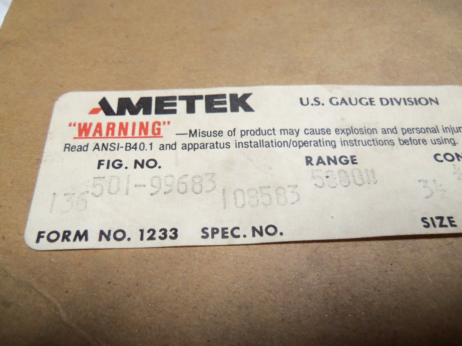 AMETEK 501-99683 GAUGE *NEW IN BOX*
