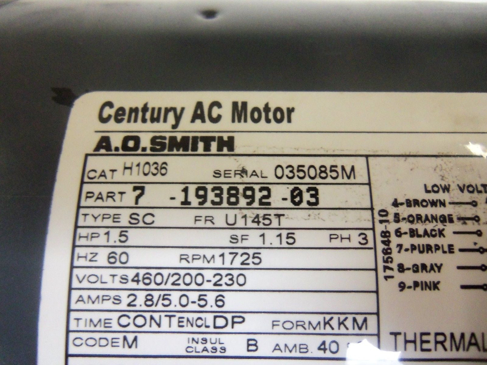 A.O. SMITH H1036 7-193892-03 CENTURY AC MOTOR 1.5HP 1725 RPM *NEW NO BOX*