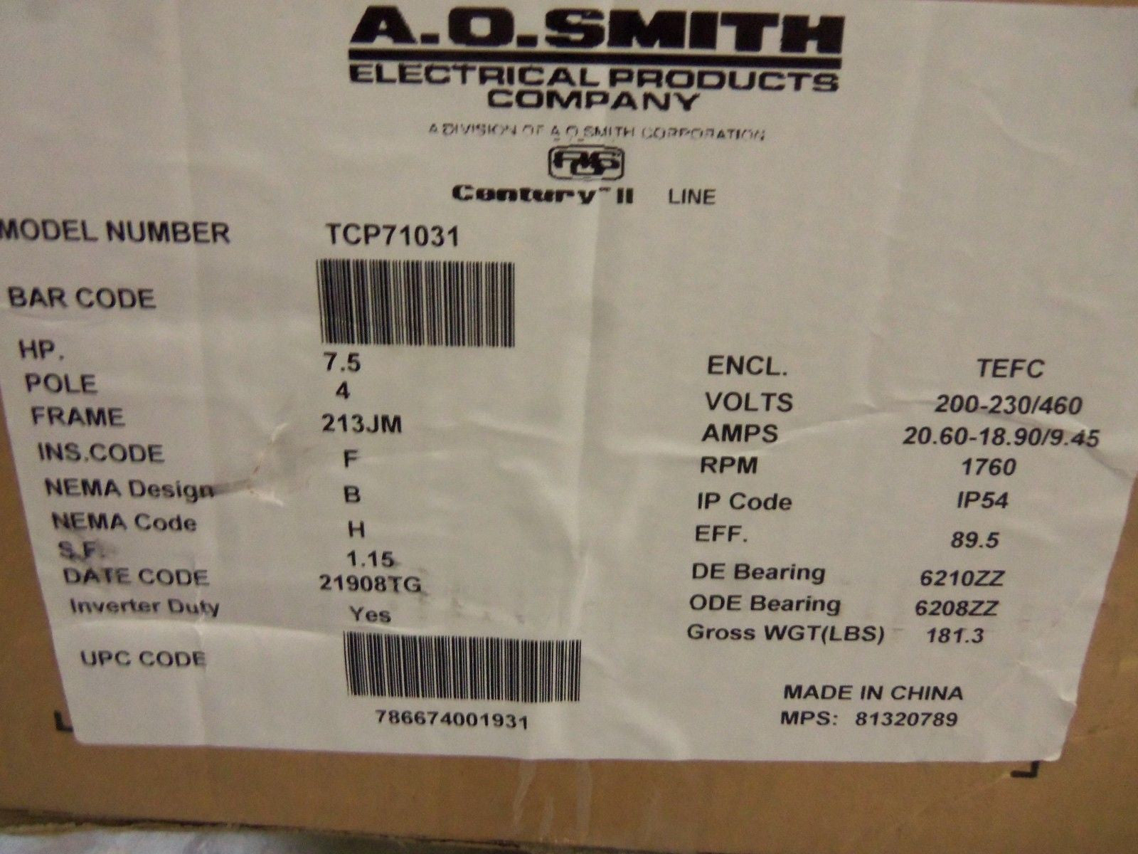 A.O. SMITH TCP71031 MOTOR *NEW IN BOX*